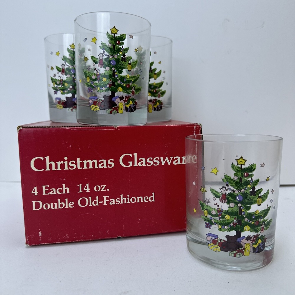 Set Of 4 Nikko Glassware Christmas Tree 14oz Double Old Fashioned Used In Box